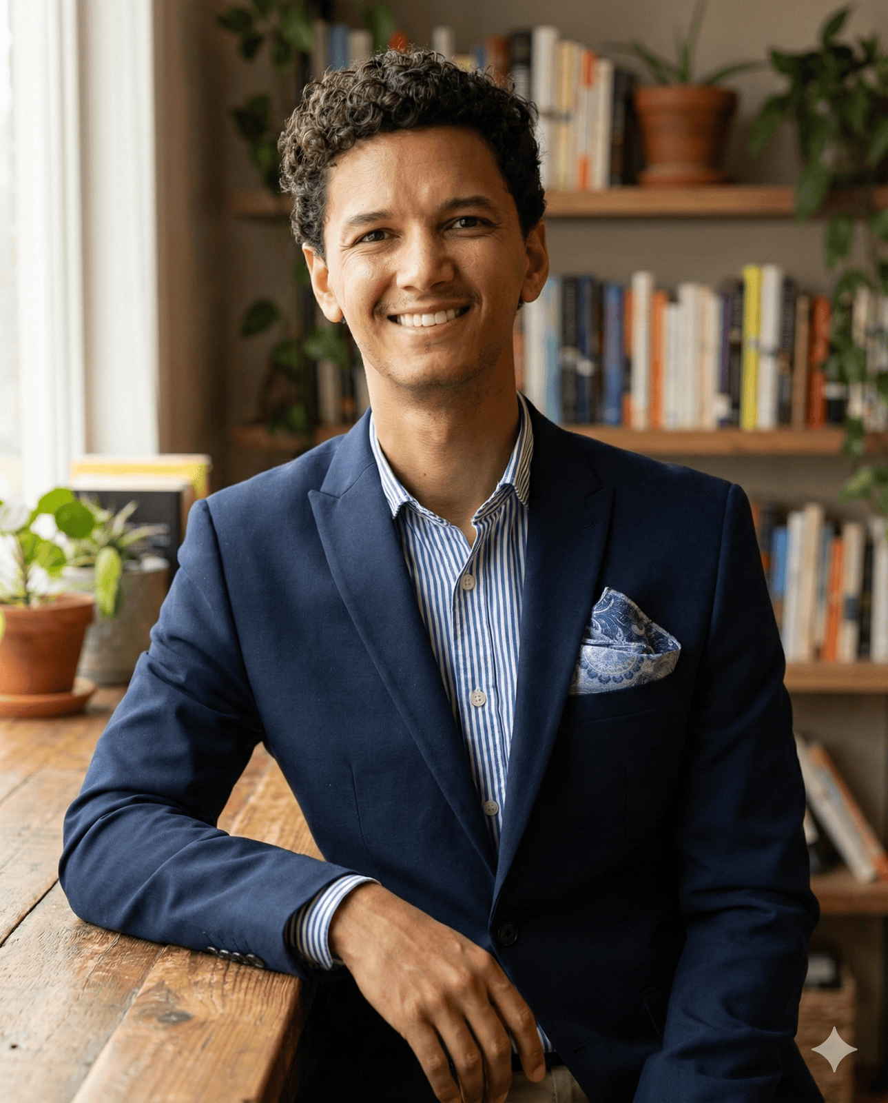 portrait, books, blurred background, leaning in, AI generated (Gemini)